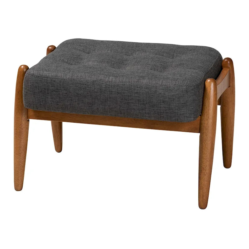 Jeanine Japandi Dark Grey Fabric and Walnut Brown Finished Wood Ottoman Footstool