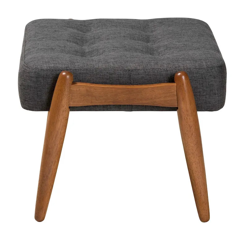 Jeanine Japandi Dark Grey Fabric and Walnut Brown Finished Wood Ottoman Footstool