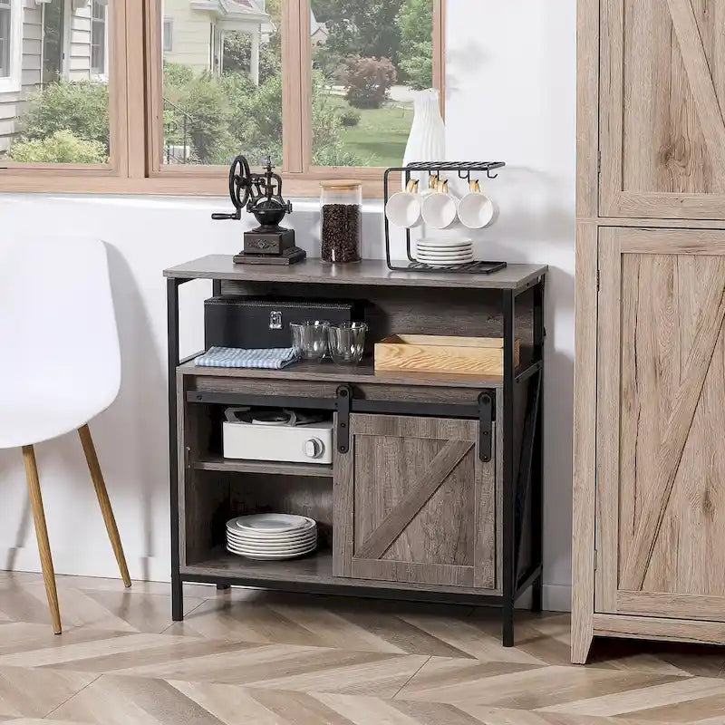 HOMCOM Farmhouse Buffet Cabinet, Kitchen Sideboard, with Sliding Barn Door and Adjustable Shelf for Living Room, Grey