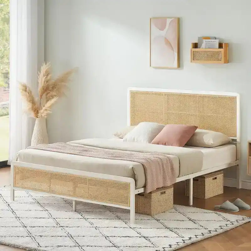 Modern Rattan Platform Bed Frame with Headboard LED light