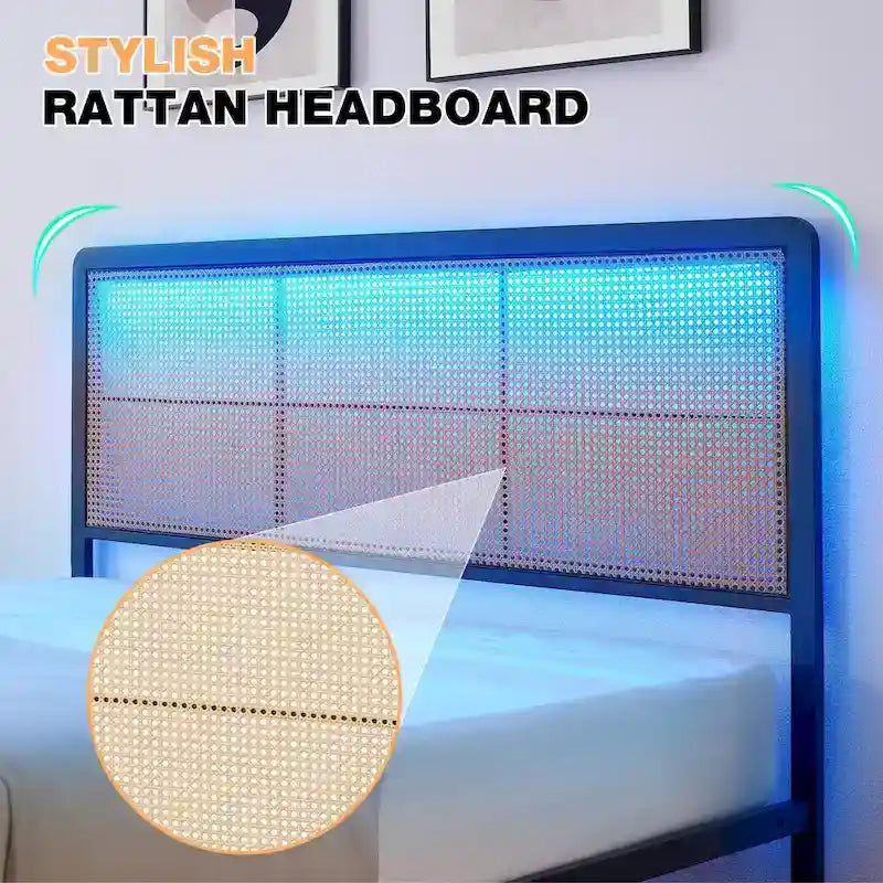 Modern Rattan Platform Bed Frame with Headboard LED light