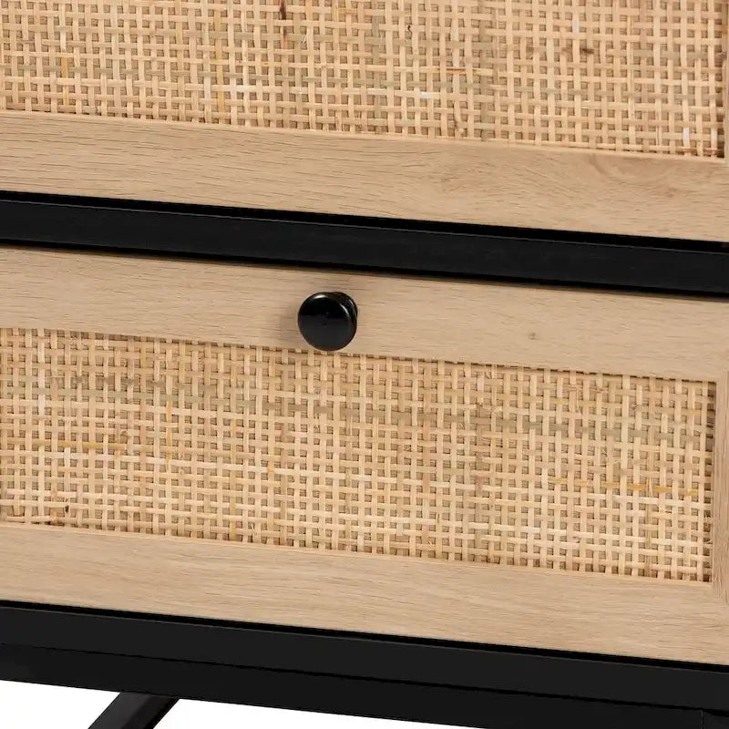 Baxton Studio Declan Mid-Century Modern Espresso Brown Finished Wood and Natural Rattan 2-Drawer End Table
