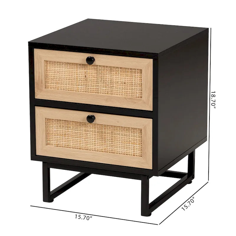 Baxton Studio Declan Mid-Century Modern Espresso Brown Finished Wood and Natural Rattan 2-Drawer End Table