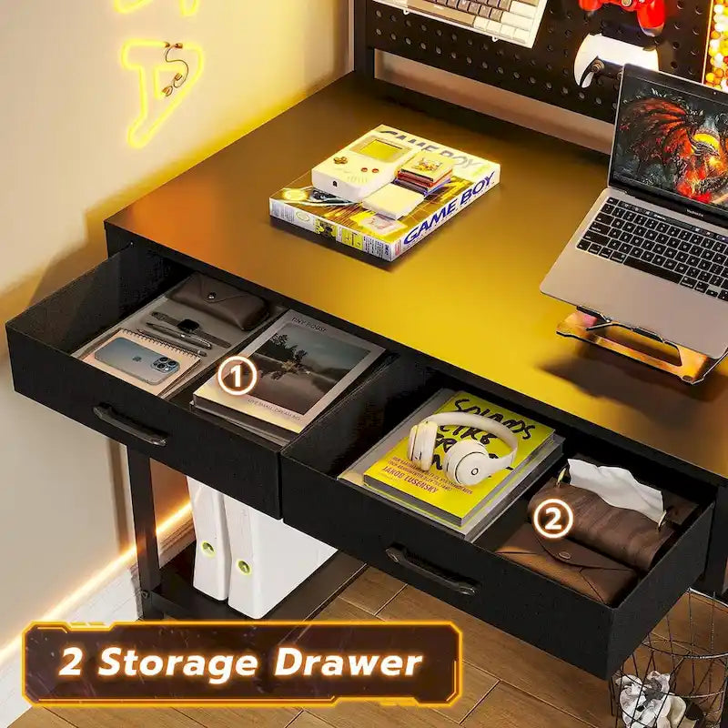 L Shaped Gaming Desk Pegboard and Drawers Monitor Stand