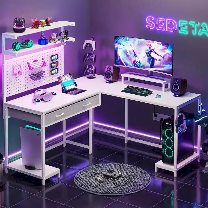 L Shaped Gaming Desk Pegboard and Drawers Monitor Stand