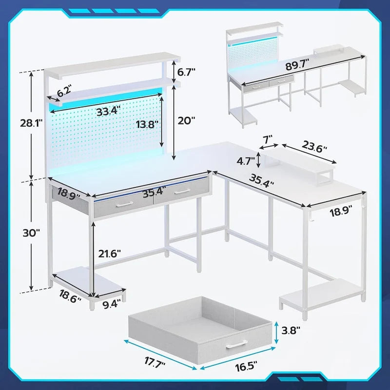 L Shaped Gaming Desk Pegboard and Drawers Monitor Stand