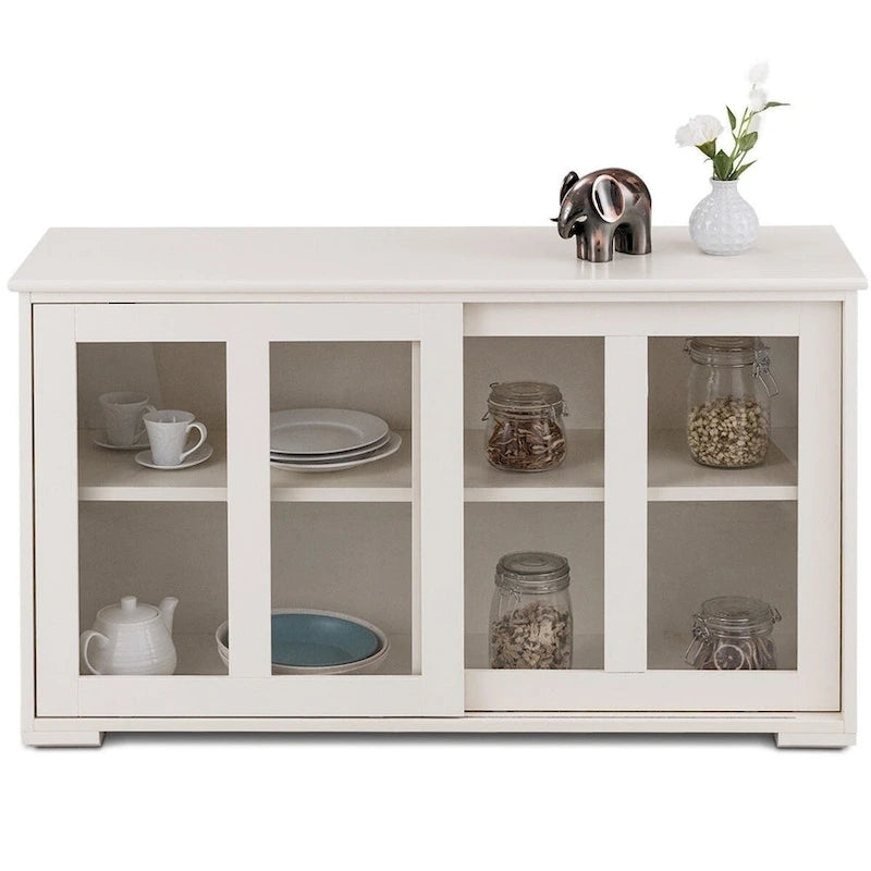 Modern Cream White Wood Buffet Sideboard Cabinet with Glass Sliding Door - 42W x 13.0D x 24.5H