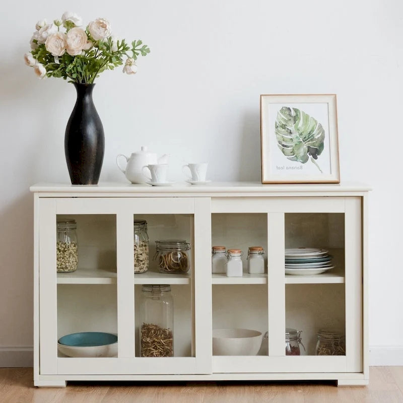 Modern Cream White Wood Buffet Sideboard Cabinet with Glass Sliding Door - 42W x 13.0D x 24.5H