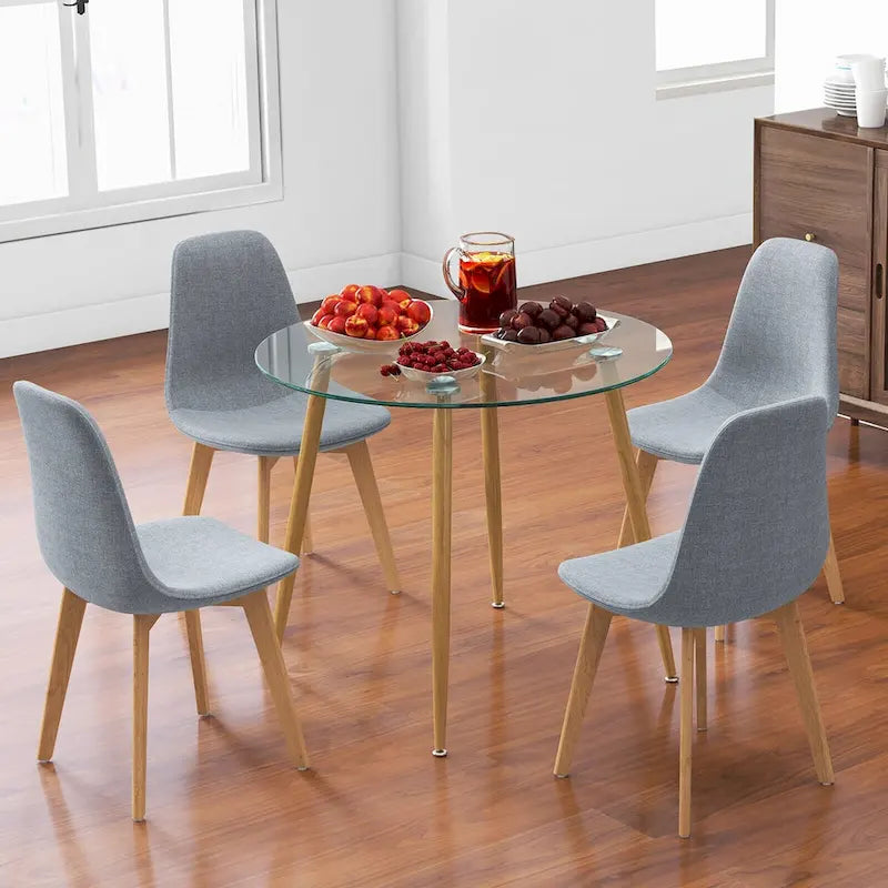 Gymax 5 PCS Dining Set Round Tempered Glass Table 4 Fabric Chairs