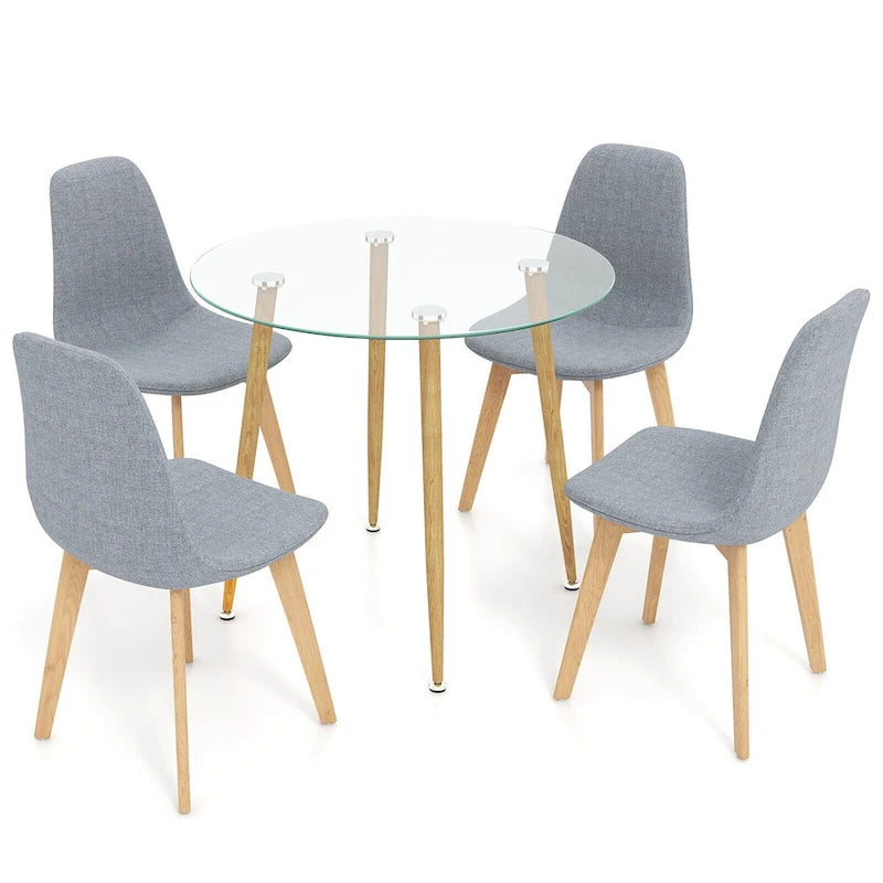 Gymax 5 PCS Dining Set Round Tempered Glass Table 4 Fabric Chairs