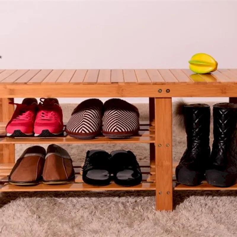 90cm Strip Pattern Tiers Bamboo Stool Shoe Rack with Boots Compartment Wood Color - 35.43 x 11.02 x 17.72
