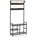 71 Inch Freestanding Hall Tree with Shoe Bench and 9 Removable Hooks-Rustic Brown - 33 x 12 x 71