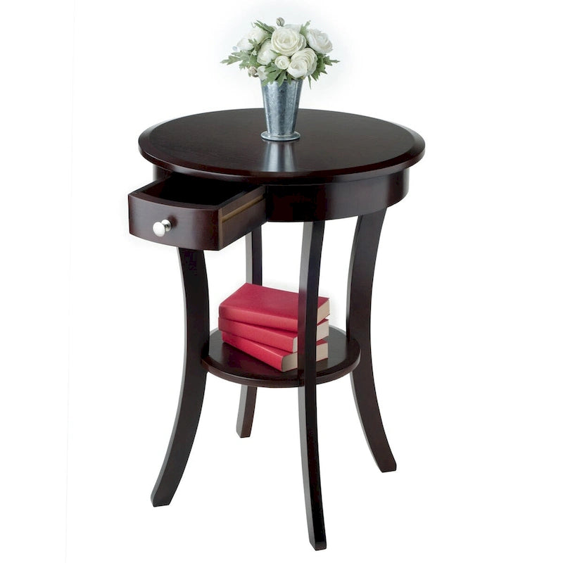 Sasha Round Accent Table, Cappuccino - 20W x 20D x 27H.
