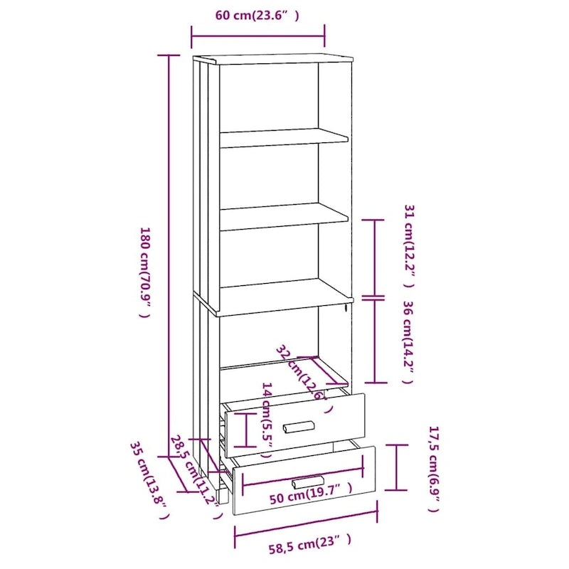 vidaXL Cabinet Bookshelf Entryway Cabinet with Storage HAMAR Solid Wood Pine - 23.6x13.8x70.9