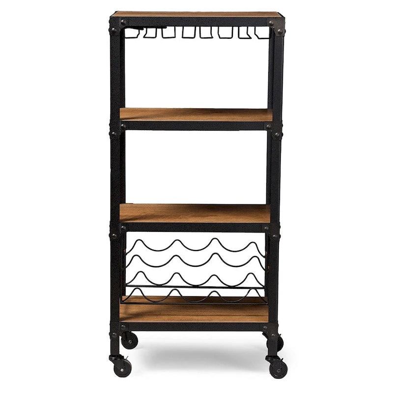 Swanson Rustic Industrial Style Antique Black Textured Finish Metal Distressed Wood Mobile Kitchen Bar Wine Storage Shelf