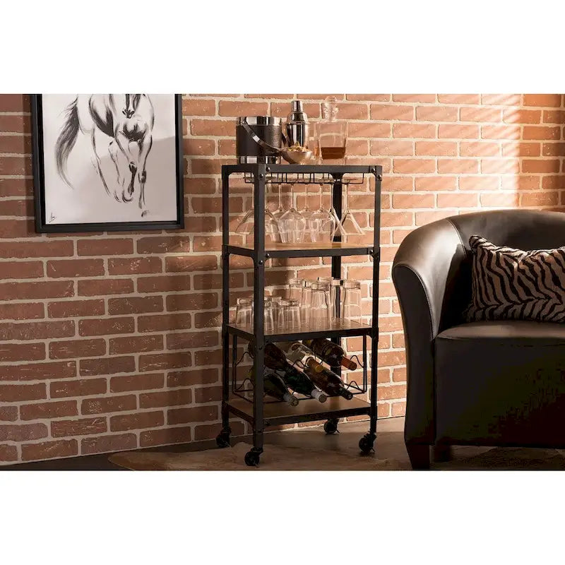 Swanson Rustic Industrial Style Antique Black Textured Finish Metal Distressed Wood Mobile Kitchen Bar Wine Storage Shelf