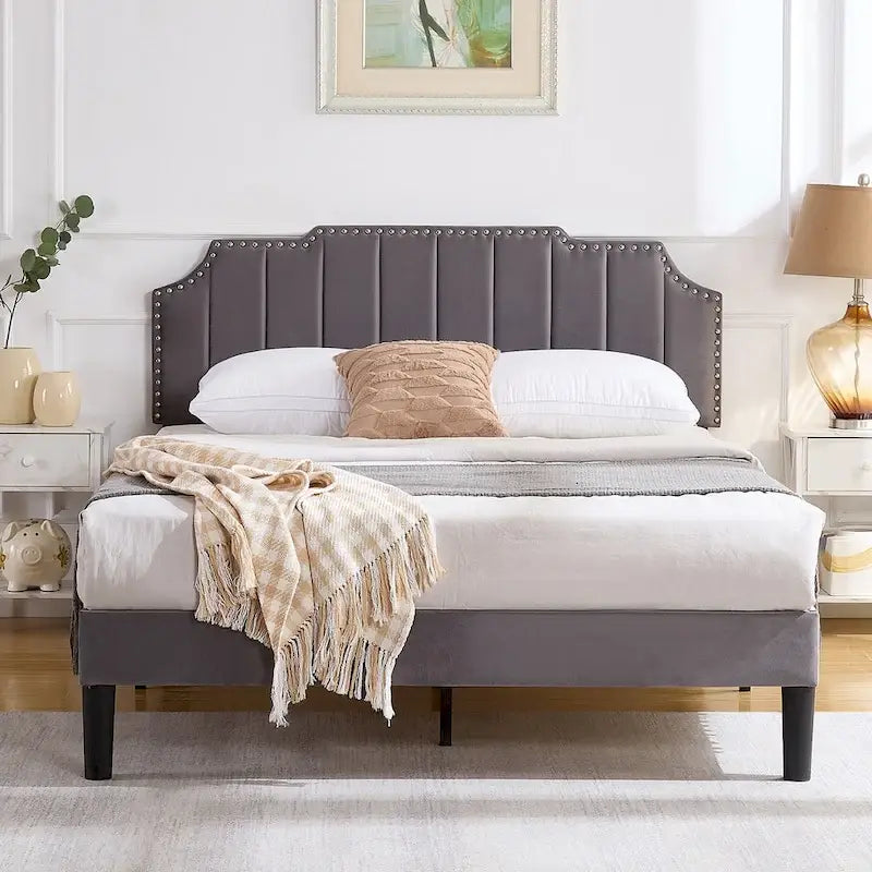 Javlergo Upholstered Platform Bed Frame with Nailhead Trimmed Adjustable Height Headboard, No Box Spring Needed