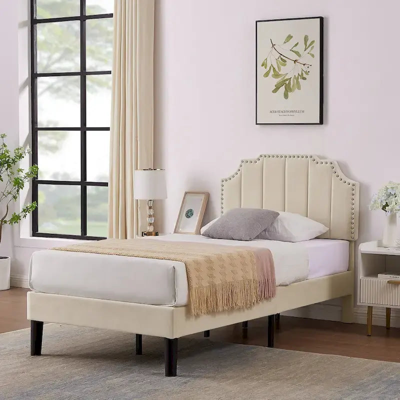 Javlergo Upholstered Platform Bed Frame with Nailhead Trimmed Adjustable Height Headboard, No Box Spring Needed
