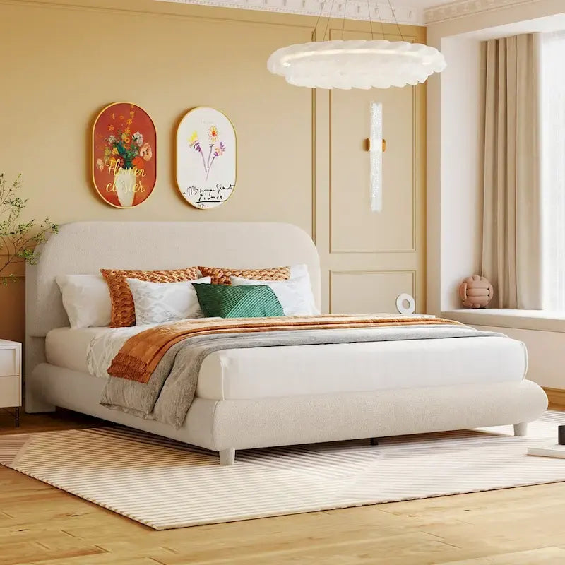 Teddy Fleece Queen Size Upholstered Platform Bed with Thick Fabric