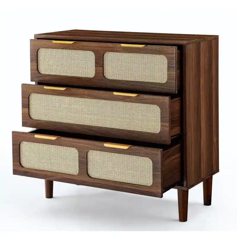 Grondin Mid-Century Modern Boho Style 3 Rattan Drawers Chest with MDF Frame and Solid Wood Legs, Chest of Drawers