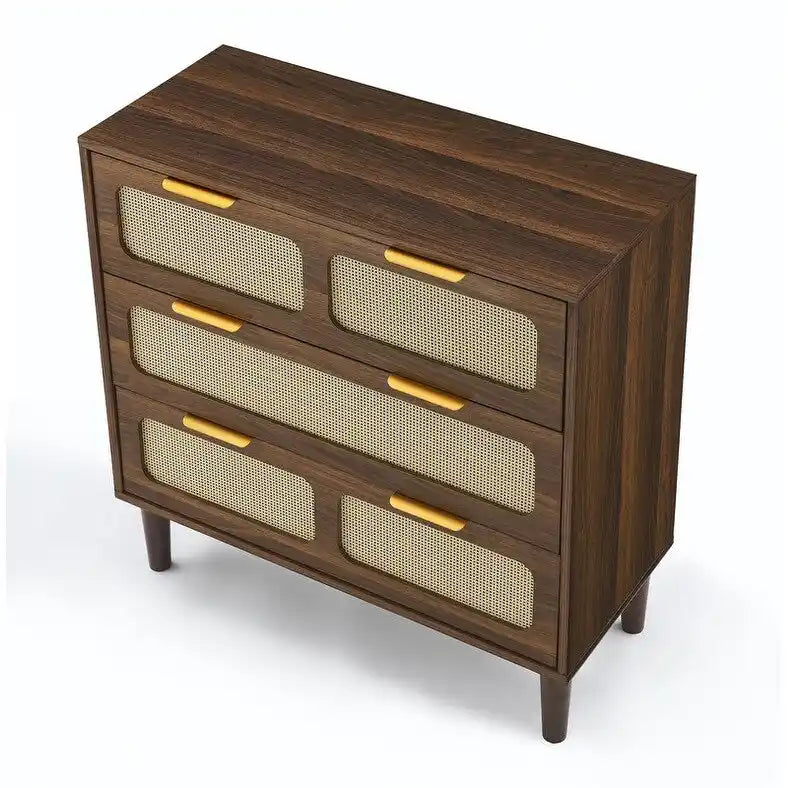 Grondin Mid-Century Modern Boho Style 3 Rattan Drawers Chest with MDF Frame and Solid Wood Legs, Chest of Drawers