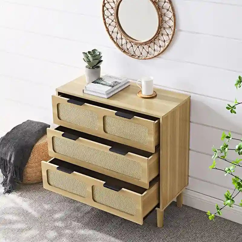 Grondin Mid-Century Modern Boho Style 3 Rattan Drawers Chest with MDF Frame and Solid Wood Legs, Chest of Drawers