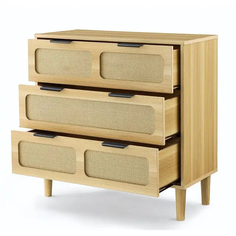 Grondin Mid-Century Modern Boho Style 3 Rattan Drawers Chest with MDF Frame and Solid Wood Legs, Chest of Drawers