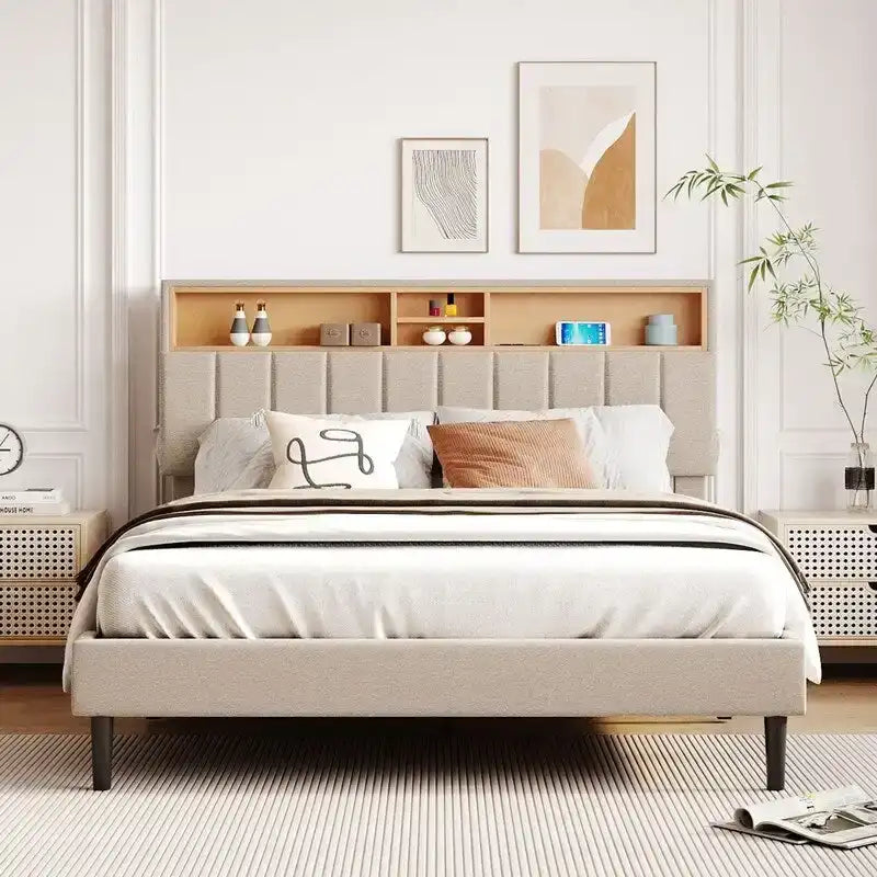 Modern Bed Frame with Charging Station and Storage Upholstered Linen Headboard, No Box Spring Needed, Platform Bed Frame