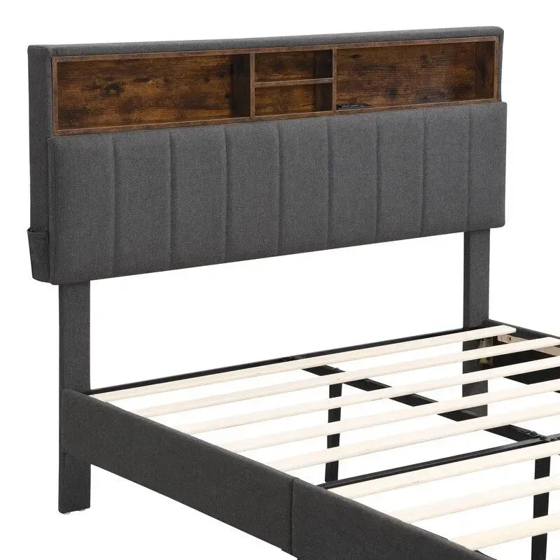 Modern Bed Frame with Charging Station and Storage Upholstered Linen Headboard, No Box Spring Needed, Platform Bed Frame