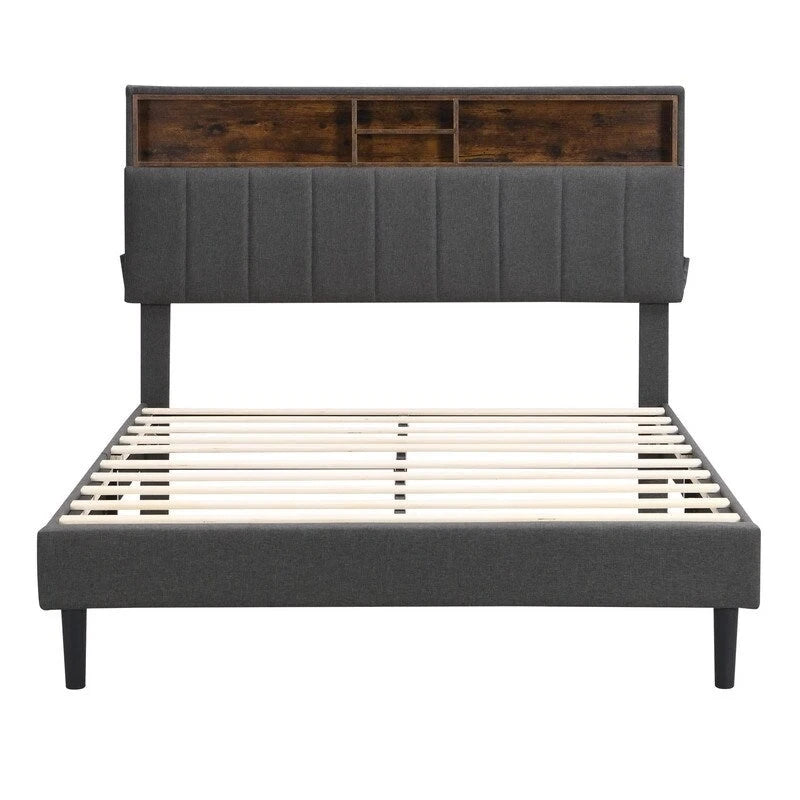 Modern Bed Frame with Charging Station and Storage Upholstered Linen Headboard, No Box Spring Needed, Platform Bed Frame