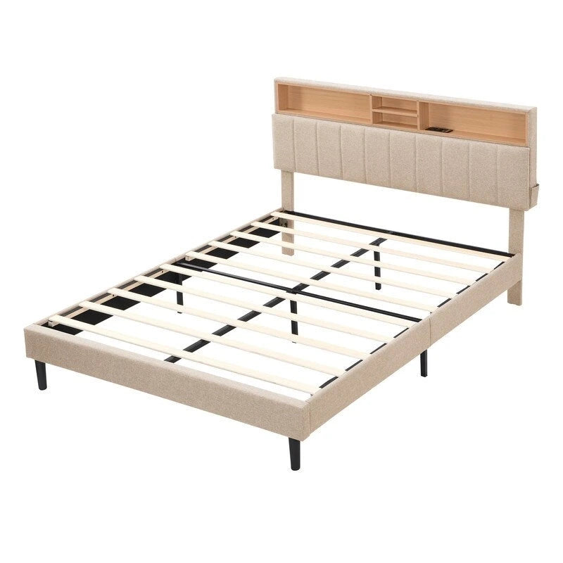 Modern Bed Frame with Charging Station and Storage Upholstered Linen Headboard, No Box Spring Needed, Platform Bed Frame