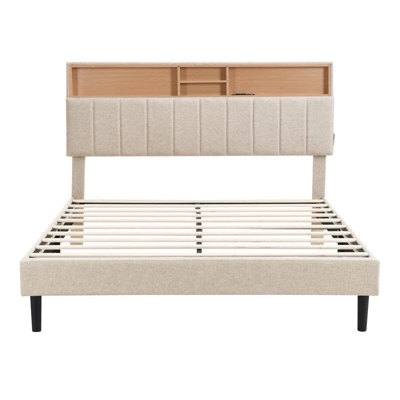 Modern Bed Frame with Charging Station and Storage Upholstered Linen Headboard, No Box Spring Needed, Platform Bed Frame
