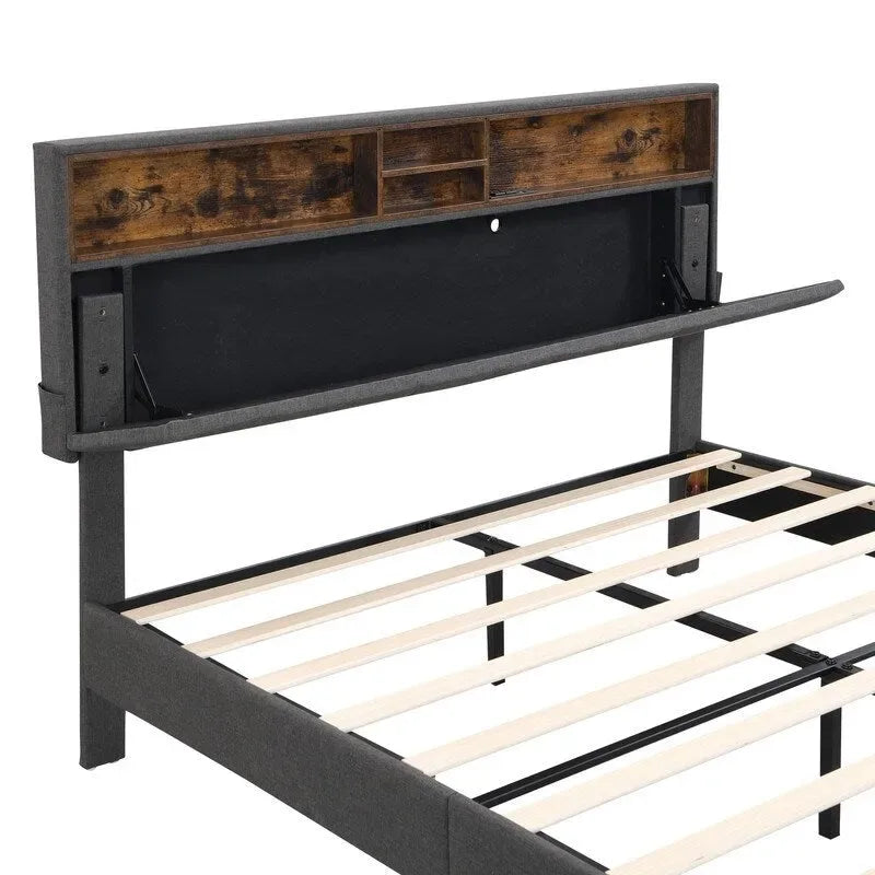 Modern Bed Frame with Charging Station and Storage Upholstered Linen Headboard, No Box Spring Needed, Platform Bed Frame