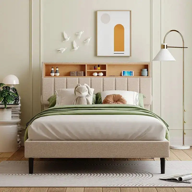 Modern Bed Frame with Charging Station and Storage Upholstered Linen Headboard, No Box Spring Needed, Platform Bed Frame