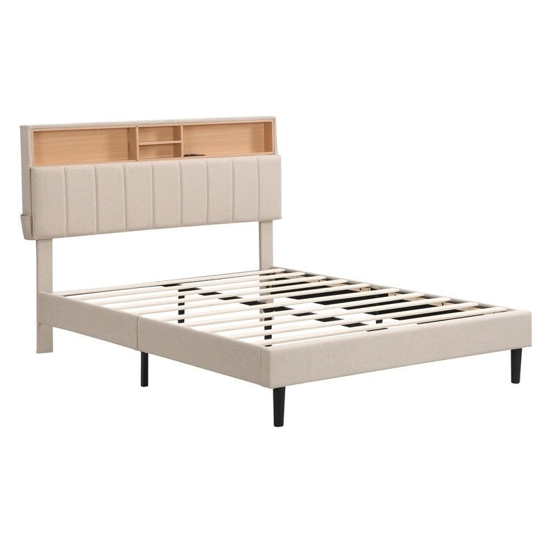 Modern Bed Frame with Charging Station and Storage Upholstered Linen Headboard, No Box Spring Needed, Platform Bed Frame
