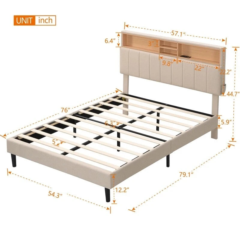 Modern Bed Frame with Charging Station and Storage Upholstered Linen Headboard, No Box Spring Needed, Platform Bed Frame