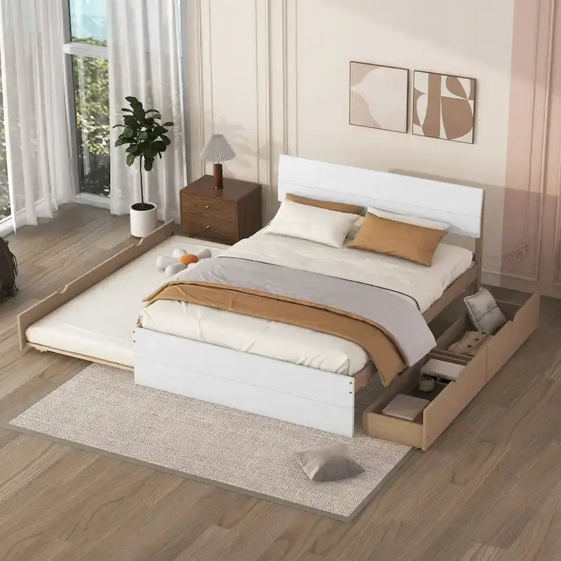 Full Bed Frame With Twin Size Trundle And 2 Drawers