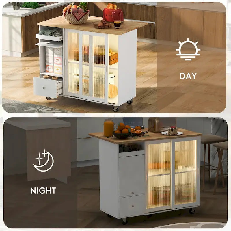 Kitchen Island with Drop Leaf, LED Light Kitchen Cart on Wheels