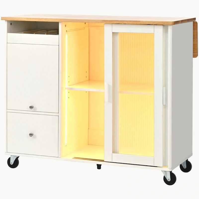 Kitchen Island with Drop Leaf, LED Light Kitchen Cart on Wheels