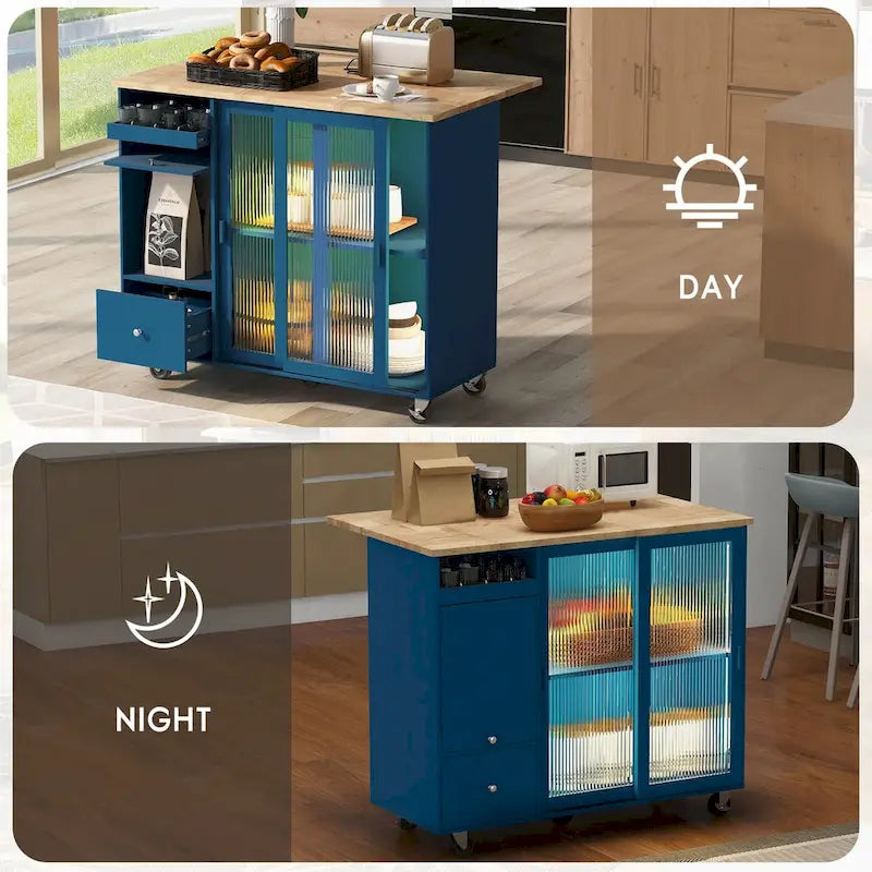 Kitchen Island with Drop Leaf, LED Light Kitchen Cart on Wheels