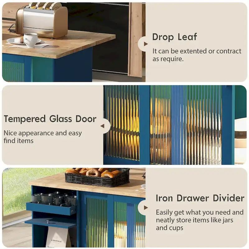 Kitchen Island with Drop Leaf, LED Light Kitchen Cart on Wheels