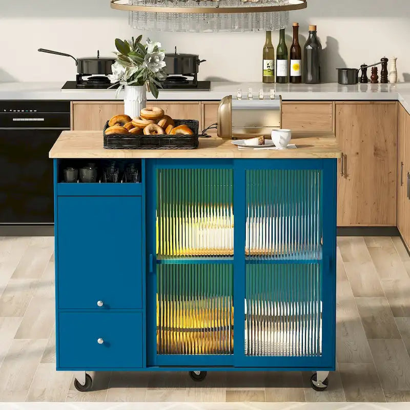Kitchen Island with Drop Leaf, LED Light Kitchen Cart on Wheels