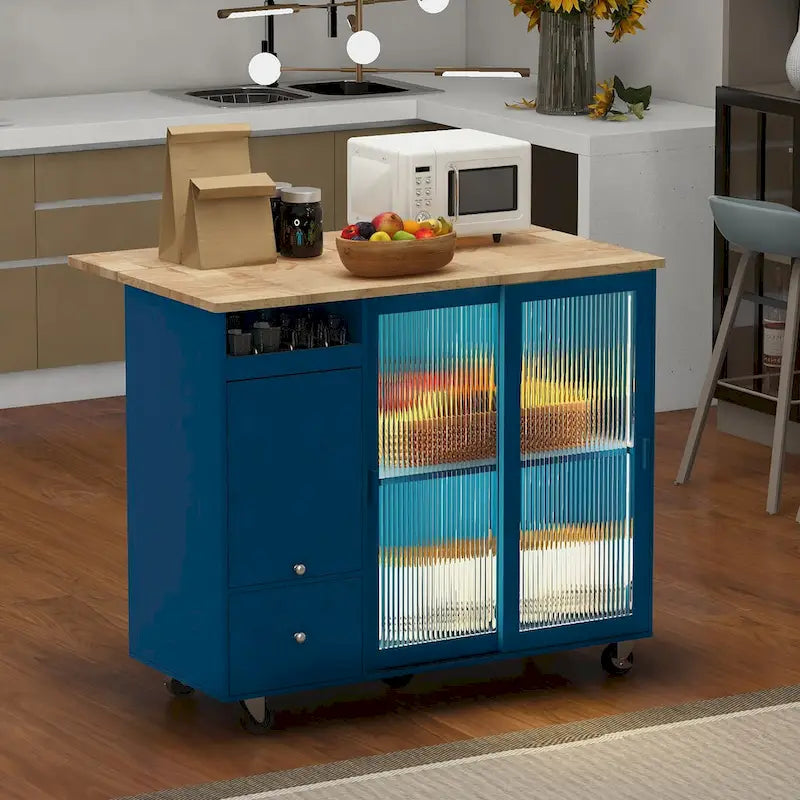 Kitchen Island with Drop Leaf, LED Light Kitchen Cart on Wheels