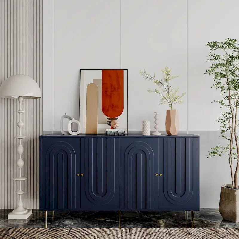 Modern Gray Lacquered 4 Door Wooden Cabinet Sideboard Buffet Server Cabinet - N/A