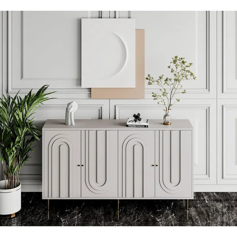 Modern Gray Lacquered 4 Door Wooden Cabinet Sideboard Buffet Server Cabinet - N/A