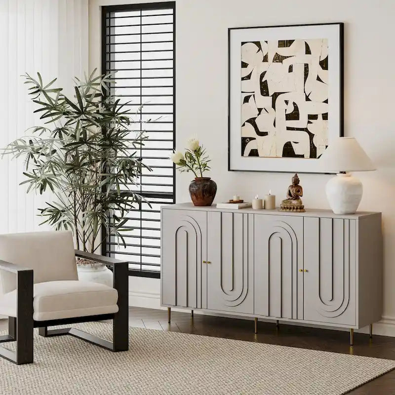 Modern Gray Lacquered 4 Door Wooden Cabinet Sideboard Buffet Server Cabinet - N/A
