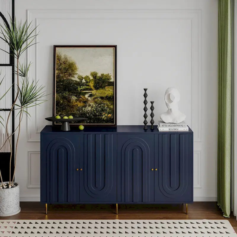 Modern Gray Lacquered 4 Door Wooden Cabinet Sideboard Buffet Server Cabinet - N/A