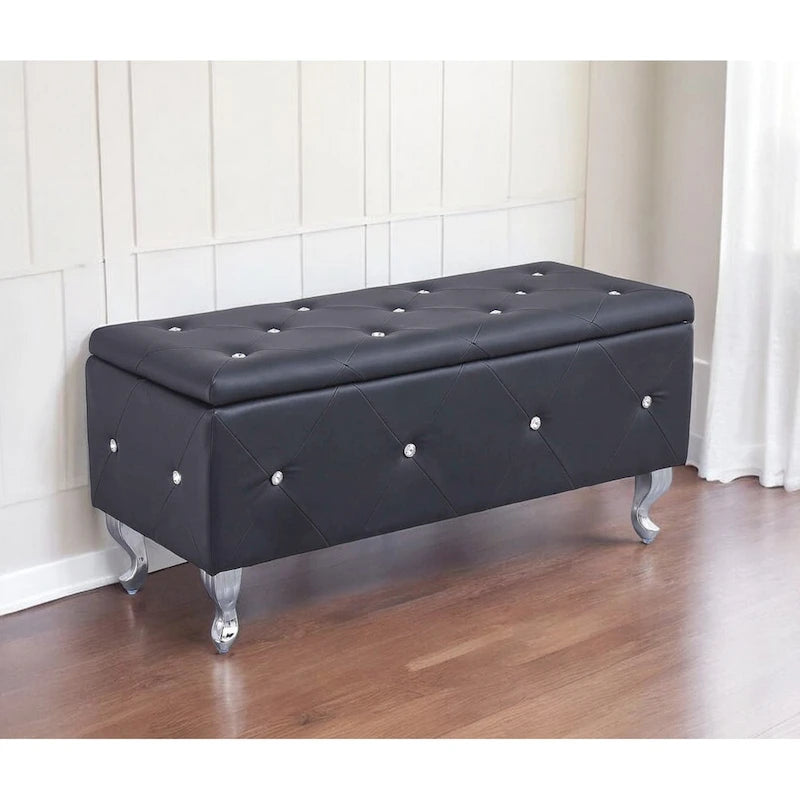 HomeRoots 38 Black and Silver Faux Leather Storage Bench With Flip Top - 38