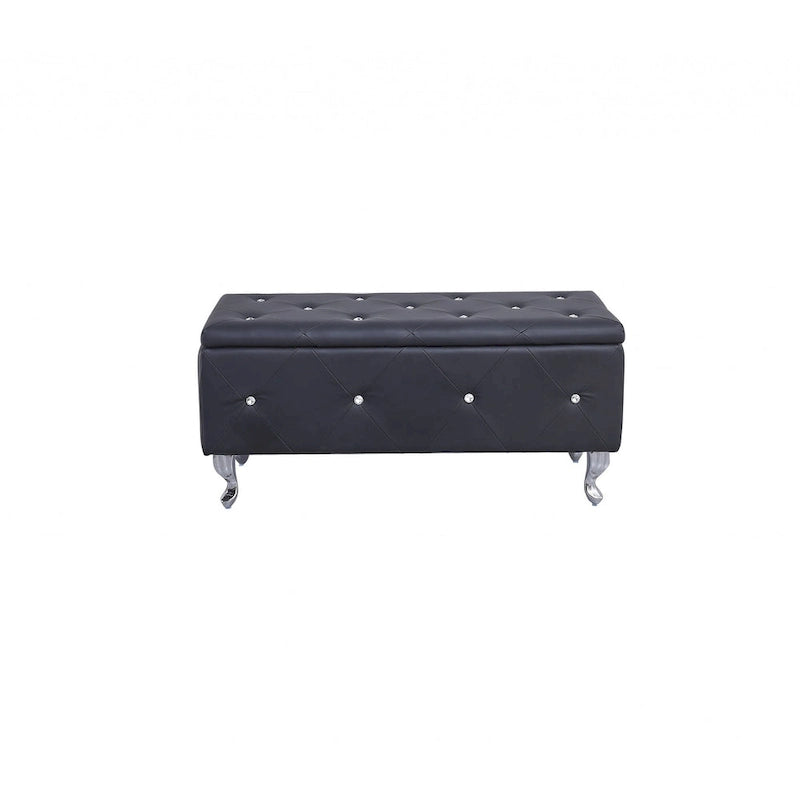 HomeRoots 38 Black and Silver Faux Leather Storage Bench With Flip Top - 38
