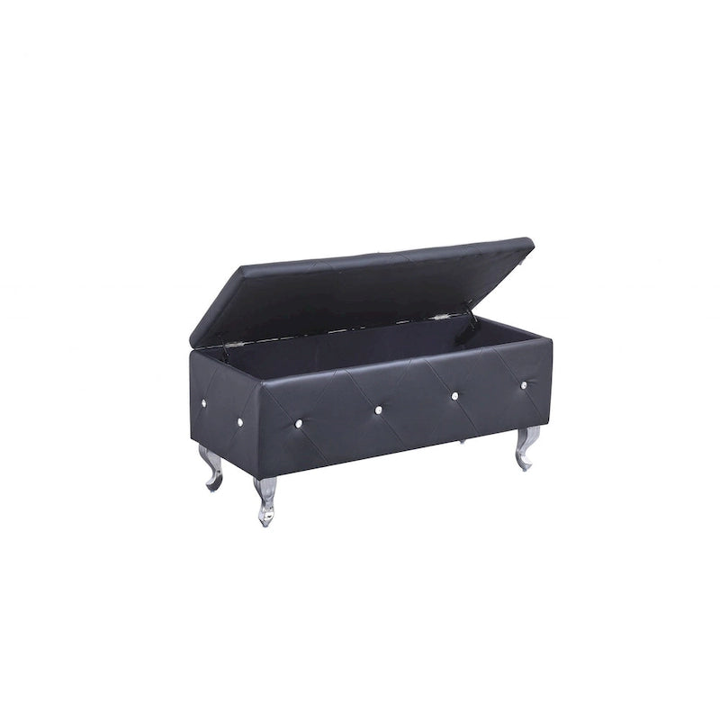 HomeRoots 38 Black and Silver Faux Leather Storage Bench With Flip Top - 38
